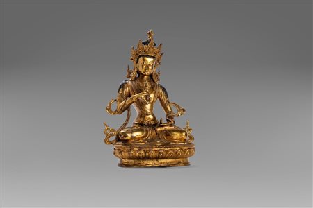 Bodhisattva in bronzo dorato, poggiante su base a fiore di loto, Cina inizi secolo XX