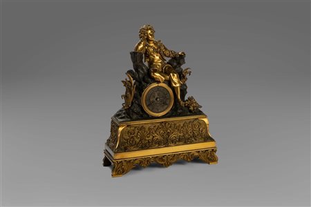Pendola in bronzo dorato e a patina scura, con giovinetto seduto, secolo XIX