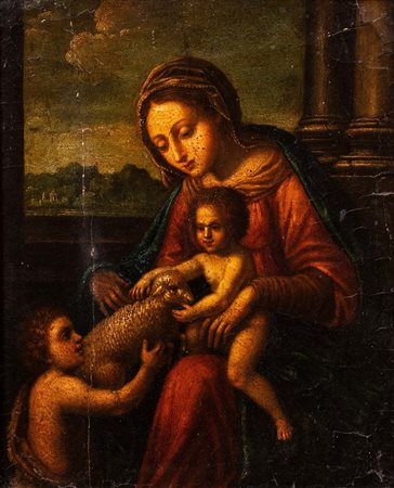Scuola romana, secolo XVII - Madonna con Bambino, San Giovannino e un agnellino