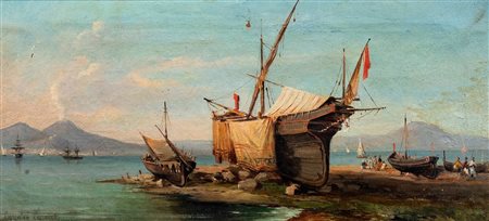 Consalvo Carelli (Napoli 1818-1910)  - Barche in rimessa e pescatori sulla riva del Golfo di Sorrento