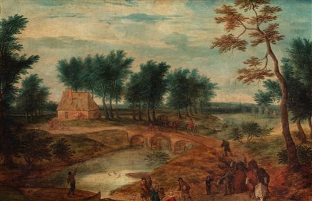 Seguace di Jan Brueghel - Paesaggio fluviale con astanti