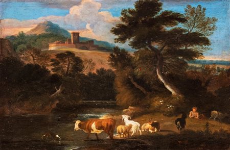 Dirck  Van Bergen (Harleem  1649-1700)  - Paesaggio fluviale con pastori e armenti