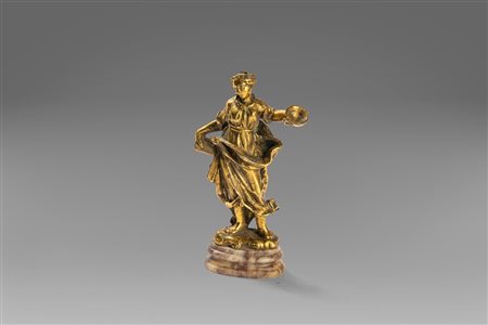 Piccola scultura in bronzo dorato, con base in marmo, raffigurante figura femminile allegorica, Firenze secolo XVII