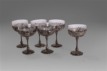Servizio da sei coppe da champagne in cristallo e argento 800, Germania fine secolo XIX - inizi secolo XX