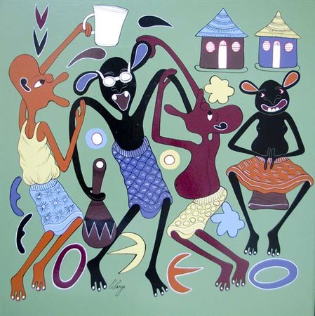 George Lilanga Mjumbe Wangoma, 1999 olio su masonite, cm. 61x61 Firma in...