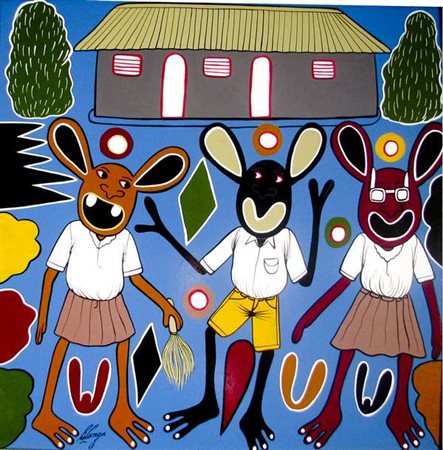 George Lilanga Watoto wa shule olio su masonite, cm. 61x61 Firma in basso a...