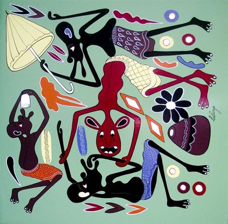 George Lilanga Msinitani mini, 1999 olio su masonite, cm. 61x61 Firma in...