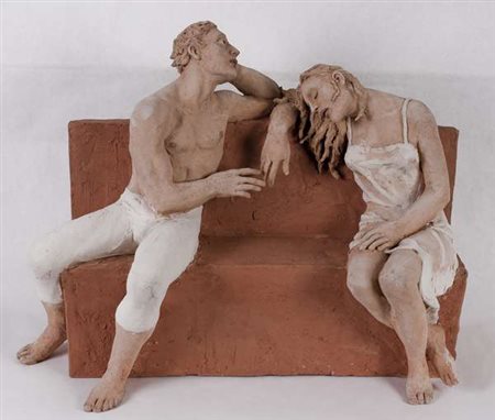 Marco Cornini La sveglia, 1995 scultura in terracotta policroma, cm. 56x42x24...