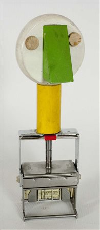 Enrico Baj Senza titolo, 1989 legno dipinto e timbro in acciaio, cm. 26x8x5...