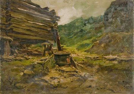 Cesare Gheduzzi Alpeggio Valdostano olio su tavola, cm. 25x34 Firma in basso...