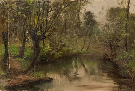 Leonardo Roda Sottobosco con ruscello, 1921 olio su cartoncino, cm. 32x47...