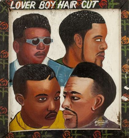 Almighty God lover boy hair cut, 1998 olio su tavola con cornice d'artista,...