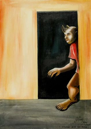 David Ochieng (... coming into the room), 1999 olio su tela, cm. 70x50 Firma...