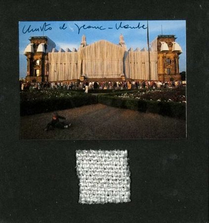 Christo e Jean-Claude Wrapped Reichstag postcard e tessuto, cm. 21x20 Firma...