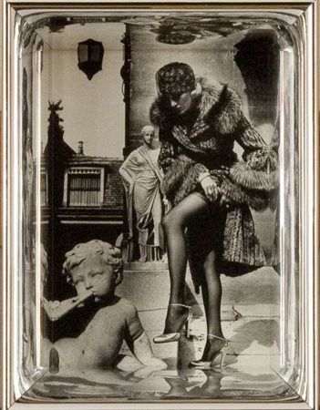 Helmut Newton Woman in fur coat adjusting stocking, 1975 postcard, cm. 15x11...