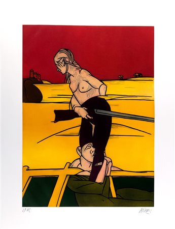 Valerio Adami (Bologna 1935)  - Sulla riva del Lago - Donna con fucile, 1988