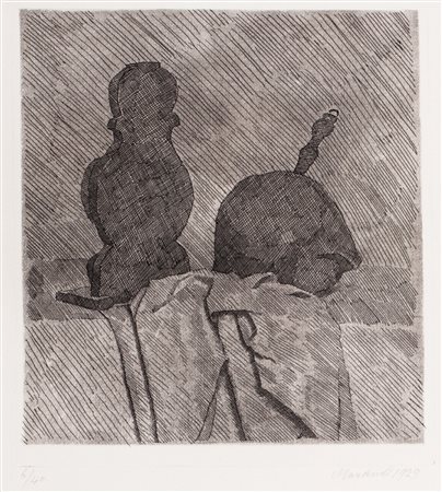 Giorgio Morandi (Bologna 1890-1964)  - Natura morta con due oggetti e un drappo sul tavolo, 1929