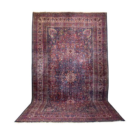 Grande tappeto Mashad - con fitto disegno naturalistico su fondo rosso e blu...
