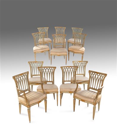 Coppia di poltrone e dieci sedie in legno laccato, Toscana, fine XVIII...