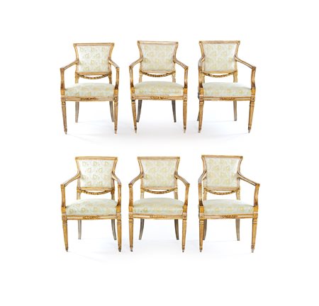 Sei poltrone in legno laccato bianco e oro, Napoli fine del XVIII secolo -...