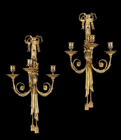 Coppia di appliques in bronzo dorato d'epoca Luigi XVI - a tre luci con...
