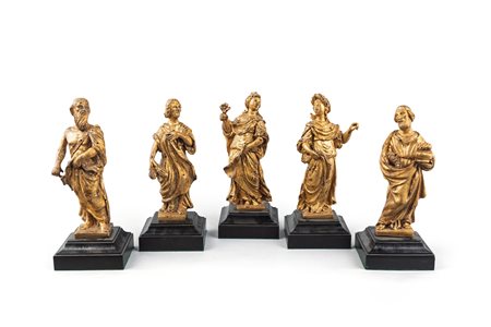 Cinque piccole sculture in legno dorato, XVII secolo - raffiguranti...