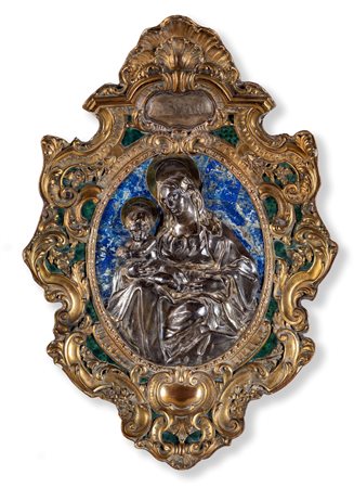 Placca devozionale in argento, bronzo dorato, smalto e lapislazuli, XIX...