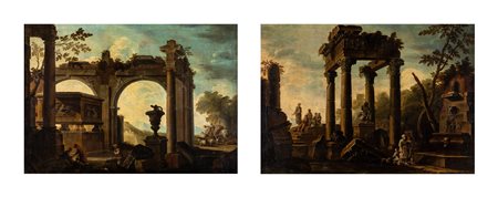 a) Capriccio architettonico con figure e rovine di tempio ionico b) Capriccio...