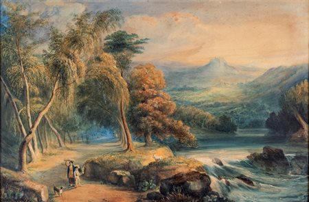 Paesaggio fluviale con famiglia viandante - Firmato in basso a sinistra. cm...