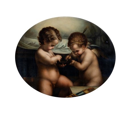 Putti - cm 82x75 - "Firma al verso. Cornice coeva in legno intagliato e...
