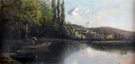Pittore francese del XIX Secolo - Paesaggio fluviale con imbarcazione -...