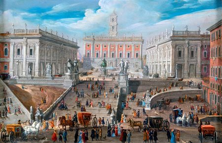 Scuola romana del XIX secolo - Veduta della piazza del Campidoglio - Questa...