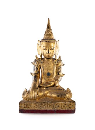 Buddha in legno dorato, Thailandia - raffigurato seduto, con la mano destra...