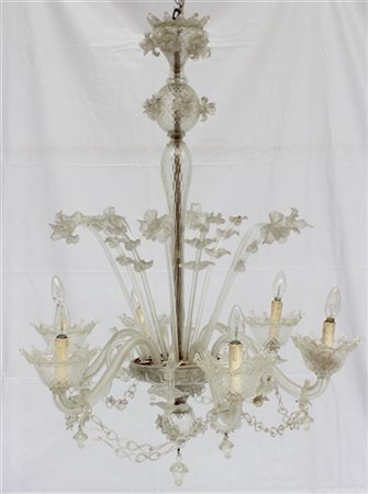Manifattura di Murano. Coppia di lampadari a sei luci in vetro incolore decorat