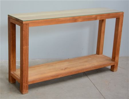 Tavolo console in legno chiaro a ripiani, quello superiore in vetro (cm 150x86x