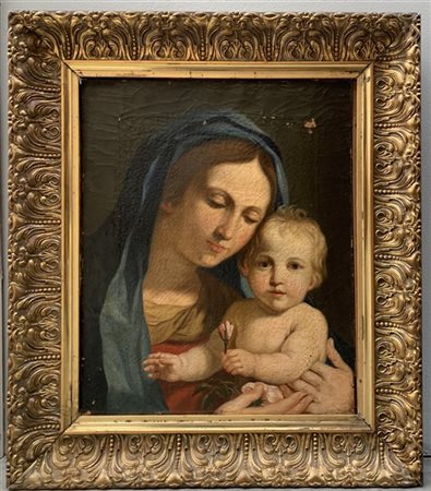 Ignoto "Madonna con Bambino" antico dipinto ad olio su tela (cm 44x35,5) In cor