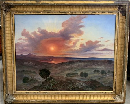 Firma indecifrata "Paesaggio costiero al tramonto" olio su tela (cm 81x105) Fir