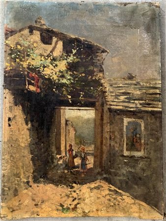 Eugenio Gignous "Paesaggio con case e figure" olio su tela (cm 52x38.5) Tracce d