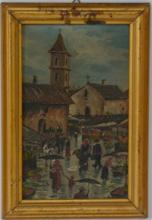 Giorgio Pianelli "Scena di mercato" olio su cartoncino (cm 21.5x13.5) Firmato, d