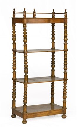 Etagere in noce a quattro ripiani con montanti a colonna tornita, secolo XIX (c