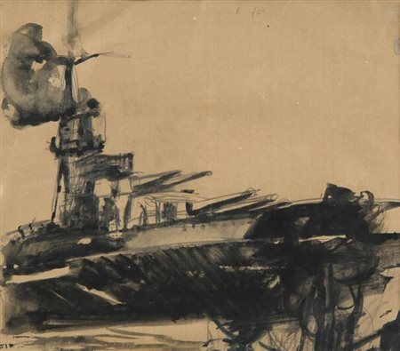 MARIO SIRONI (1885-1961) Nave da guerra 1916 tecnica mista su carta cm...