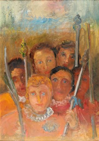 TOMMASO BUZZI (1900-1981) Fig 1954 olio su masonite cm 68x38 firmato e datato...