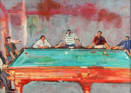 ATTILIO MANGINI (1912-2004) Il Biliardo olio su cartone cm 46x64 firmato in...