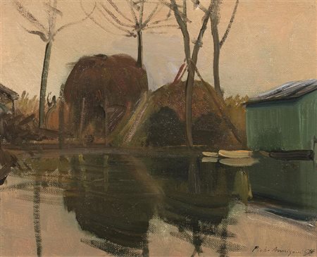 Pietro Annigoni (Milano 1910 - Firenze 1988) CAPANNO SUL LAGO olio su cartone...