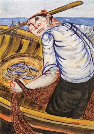 Giuseppe Migneco (Messina 1908 - 1997) PESCATORE acquerello su carta...