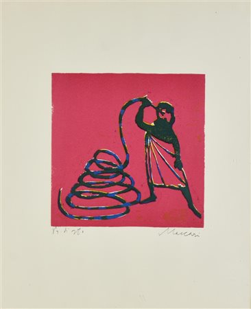 Mino Maccari SENZA TITOLO linoleumgrafia a colori su carta, cm 46x36; es....