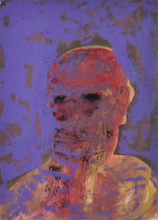 Giovanni Checchi VOLTO SU FONDO VIOLA olio e tecnica mista su carta, cm 70x50...