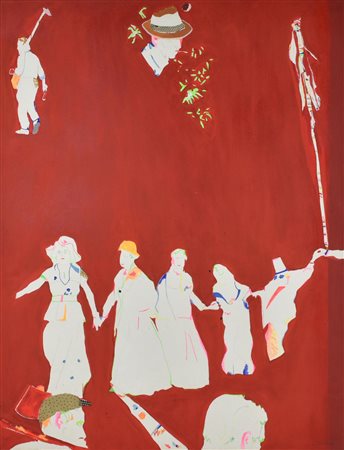 Giovanni Tariello FESTA olio e collage su tela, cm 90x70 firma e data sul...