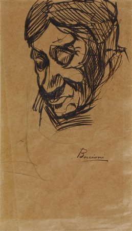 Umberto Boccioni RITRATTO penna e inchiostro su carta, cm 17,5x10 firma sul...