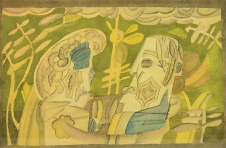 Alberto Longoni FIGURE SU FONDO VERDE acquerello su carta, cm 50x34